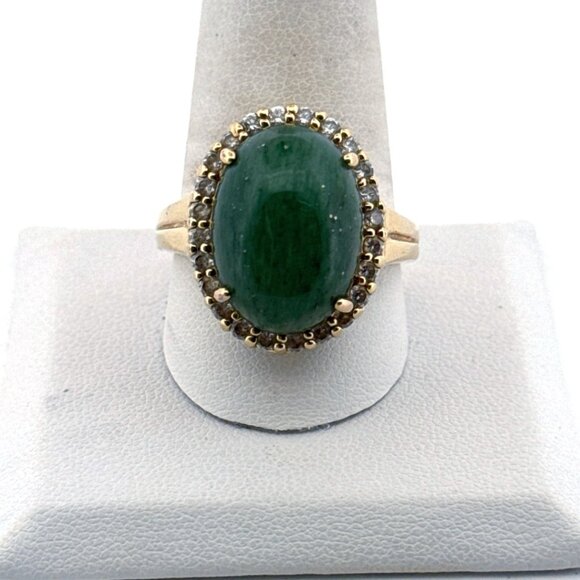 Estate Sterling Silver 925 Green Jade Oval Halo Ring Size 11 Gold Vermeil 9.1g - Picture 1 of 8